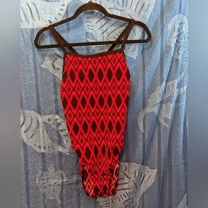 Speedo Red and Black Bodysuit with Geometric Design